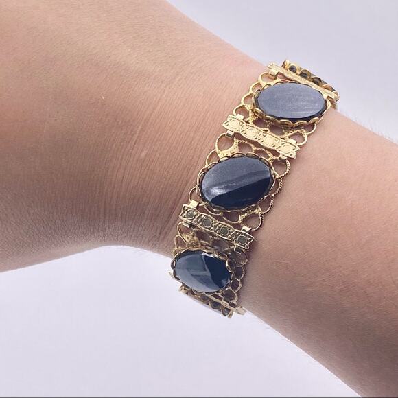 Victorian Revival Style Faux Black Onyx Plastic Fancy Link Bracelet - Picture 1 of 13
